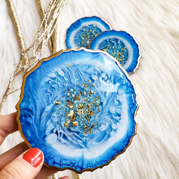 Set of 2 Resin Coasters, Handmade, Blue and Gold - Picture 3 of 10